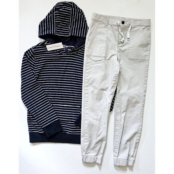 Janie and Jack 10 NWT Terry Striped Nay Pullover Hoodie Top Khaki Jogger - Picture 1 of 4